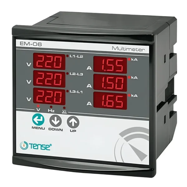 TENSE DIGITAL PANEL MULTIMETER 3-PHASE (4IN1) Model: EM-06 (96*96mm)  Measuring Ranges: 1-300V (P-N)  1-500V (P-P)  10-9995A (with 5A CT)  50~60Hz  Phase Sequence Indication.