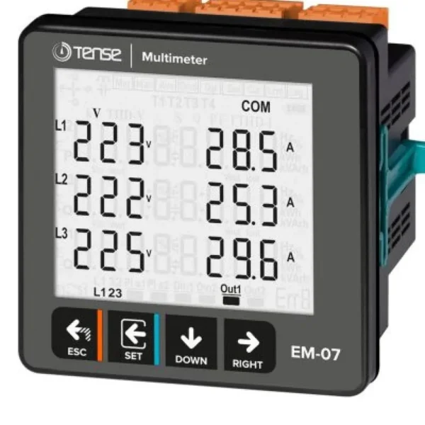 TENSE DIGITAL PANEL MULTIMETER 3-PHASE (LCD) Model: EM-07K (KWH & RS-485) (96*96mm)  Measuring Ranges: 1-300V (P-N) / 1-500V (P-P)  10-9995A (with 5A CT)  50~60Hz / KWH / MIN / MAX Average  Values, Phase Sequence